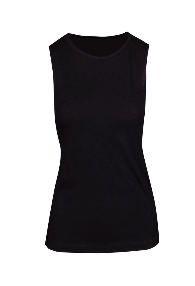 A black sleeveless tee from the Greatness Range, featuring a smooth, fitted design and casual style.