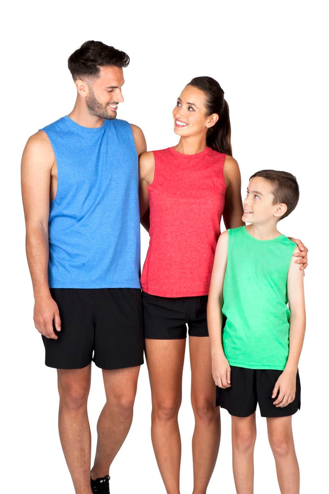 A man in a blue sleeveless tee, a woman in a red sleeveless tee, and a boy in a green sleeveless tee, all wearing black shorts.