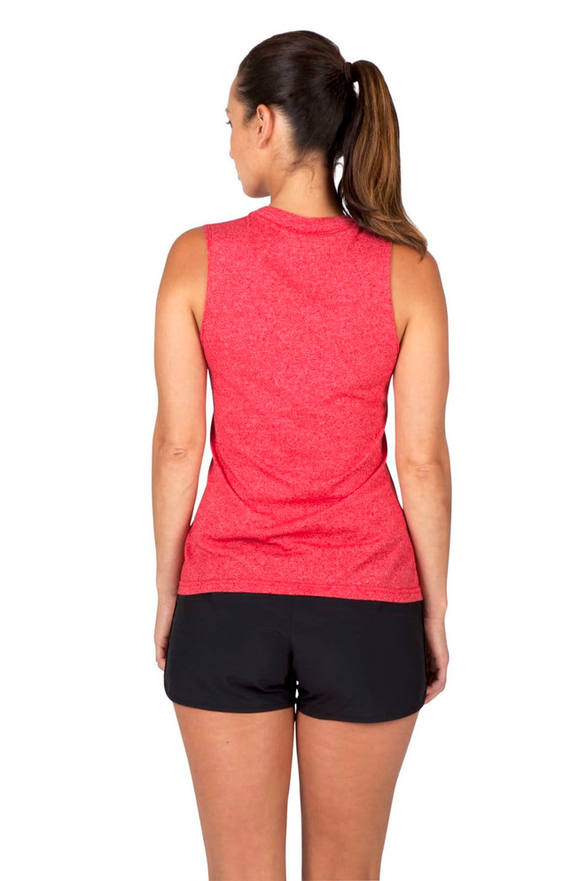 A sleeveless women's tee in a vibrant red heather design, featuring a sporty cut and fitted style.