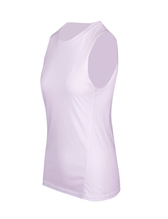 A sleeveless women's tee in white, featuring a smooth design and fitted silhouette. Includes a logo branding.