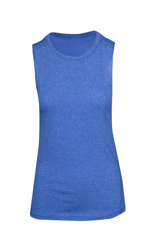 A sleeveless women's tee in a heather blue shade, featuring a classic cut and a logo.
