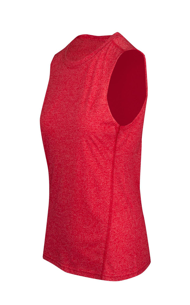 A red sleeveless tee from the Greatness Range, featuring a sporty design and a logo. Ideal for activewear.
