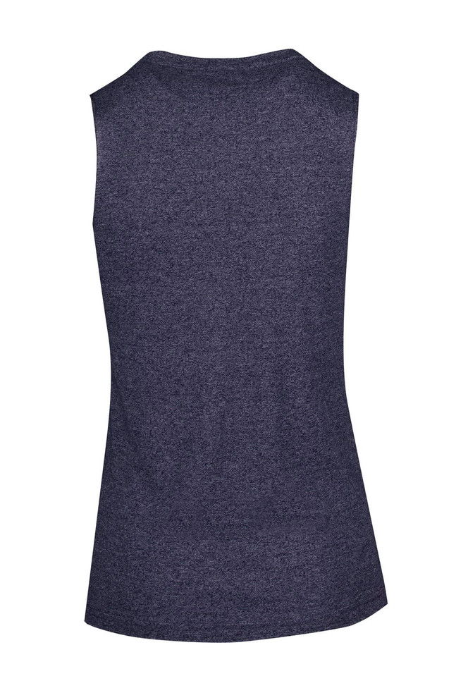 A sleeveless women's tee in a dark heather fabric, featuring a simple design and a logo.
