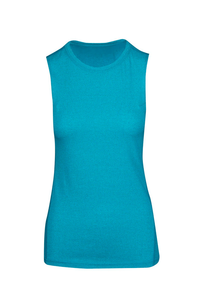 A sleeveless tee in heather turquoise, featuring a rounded neckline and a fitted silhouette. It includes a logo.