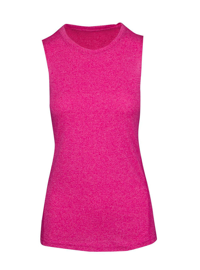 A sleeveless tee in a vibrant heather pink, featuring a simple design and a logo on the fabric.