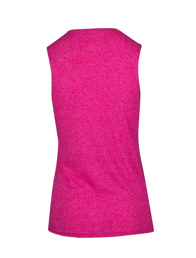 A sleeveless tee in heather pink, featuring a simple design and an unobtrusive logo.