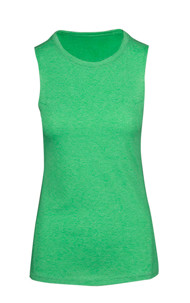 A sleeveless green women's tee from the Greatness Range, featuring a simple design and a logo.