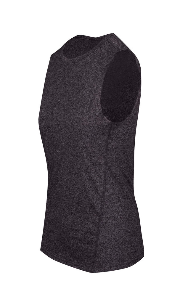 A women's sleeveless tee in heather black, featuring a simple design and a fitted silhouette.