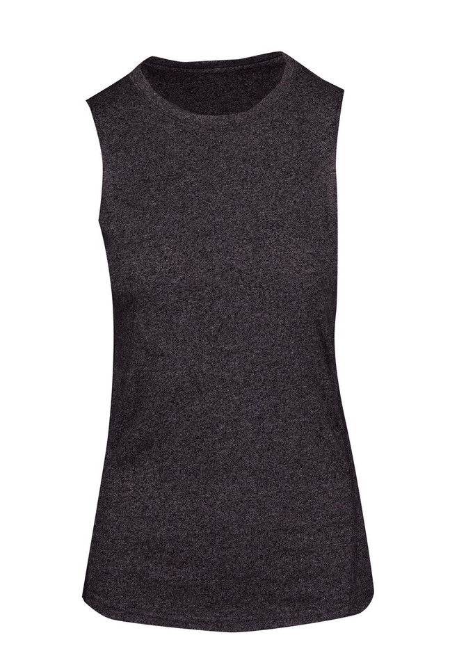 A sleeveless women's tee in heather grey, featuring a simple design and a logo.