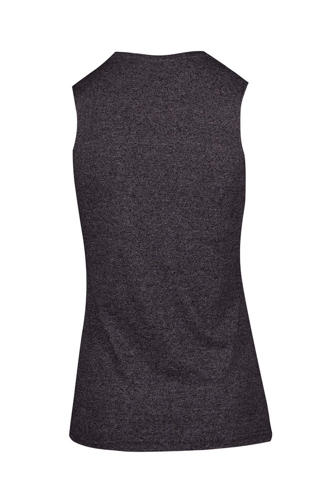A sleeveless women's tee in dark heather grey with a smooth back design and no visible branding.