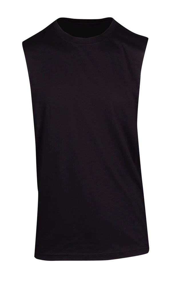 A black sleeveless tee from the Greatness Range, featuring a simple design and a logo.