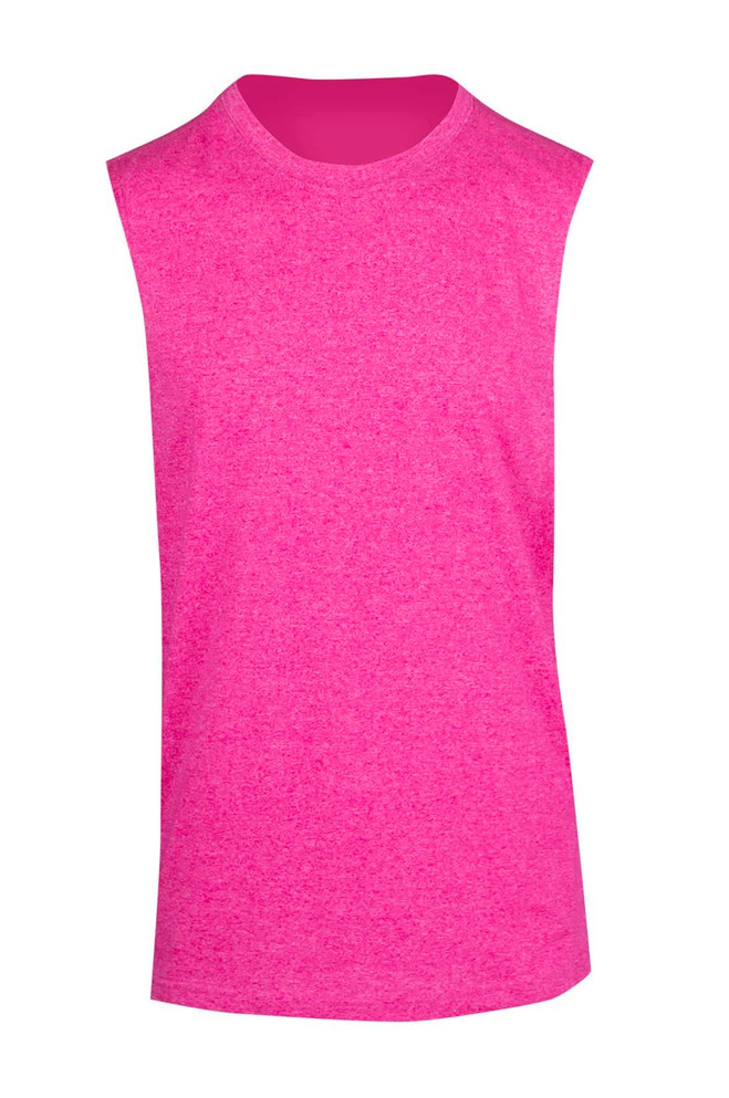 A sleeveless tee from the Greatness Range in vibrant heather pink, featuring a subtle texture and a logo.
