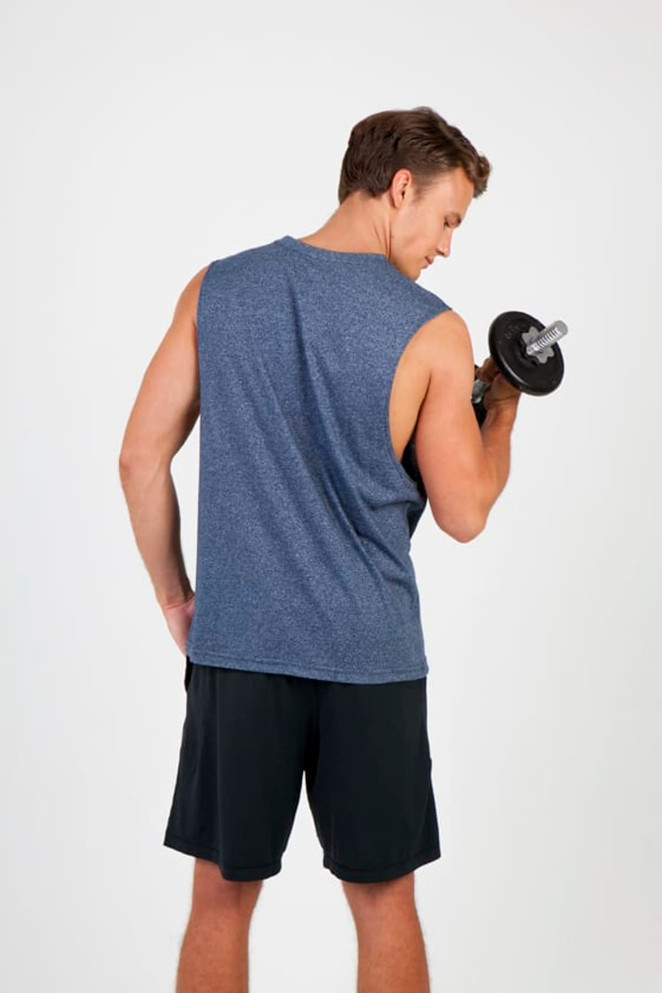 A sleeveless blue men's tee from the Greatness Range, featuring a simple design and a logo.