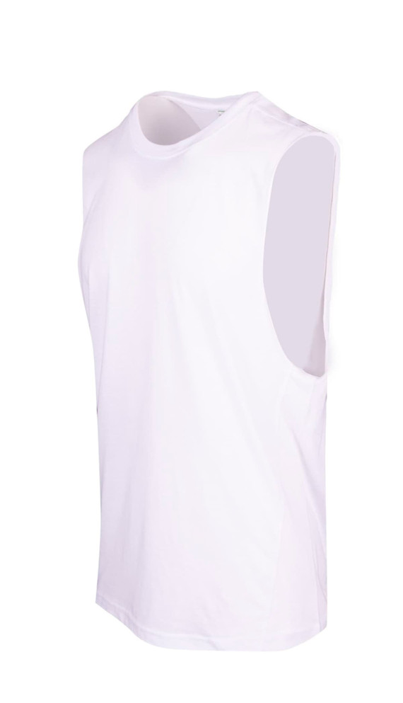 A sleeveless white tee from the Greatness Range featuring a logo. Suitable for casual wear and active use.