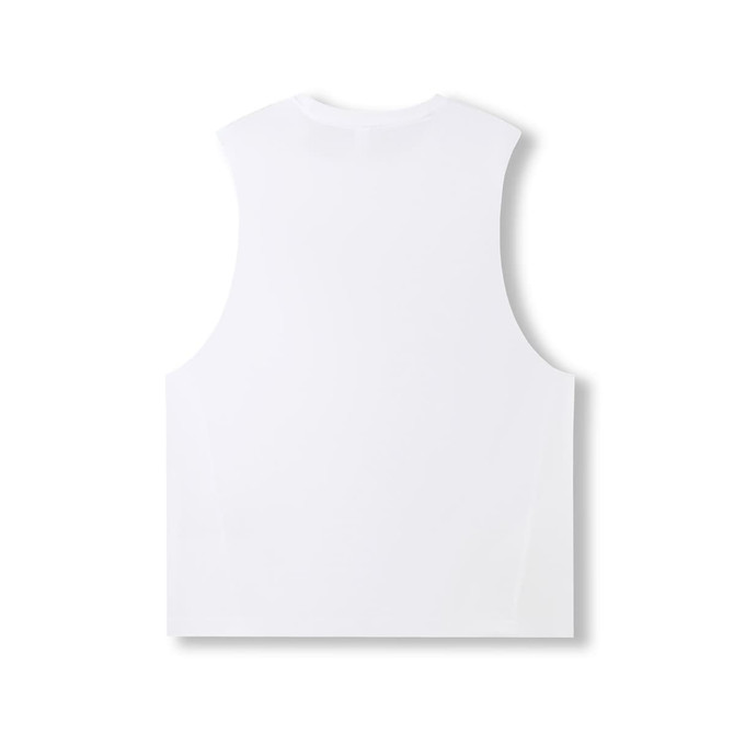 A white sleeveless tee from the Greatness Range, featuring a simple design and a branding logo.