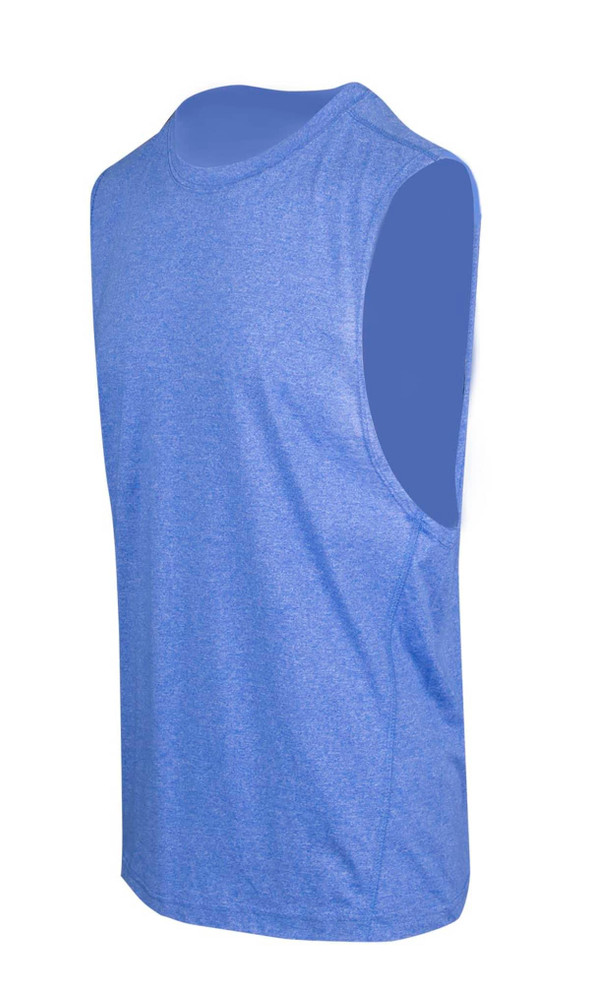 A sleeveless tee in heather blue fabric, featuring a simple design and a small logo. Suitable for casual wear.