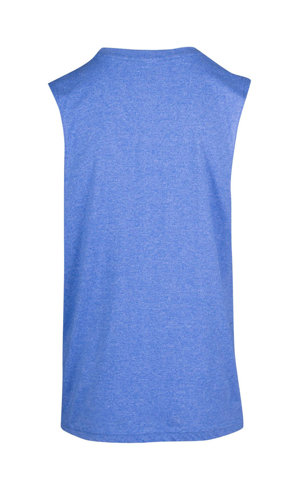 A sleeveless tee in heather blue, featuring a simple design and a logo on the back.