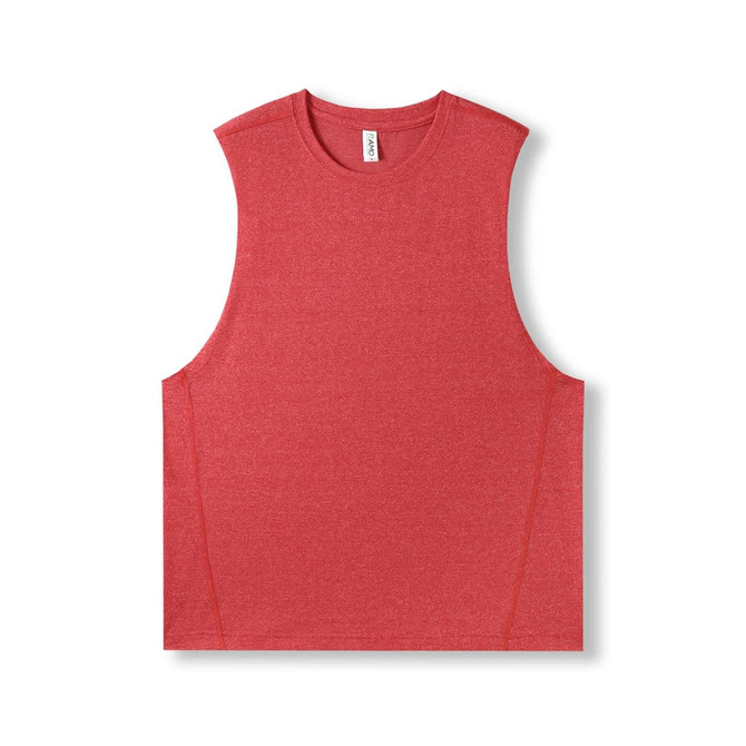 A sleeveless tee in heather red, featuring a relaxed fit and a smooth texture, with a small logo.