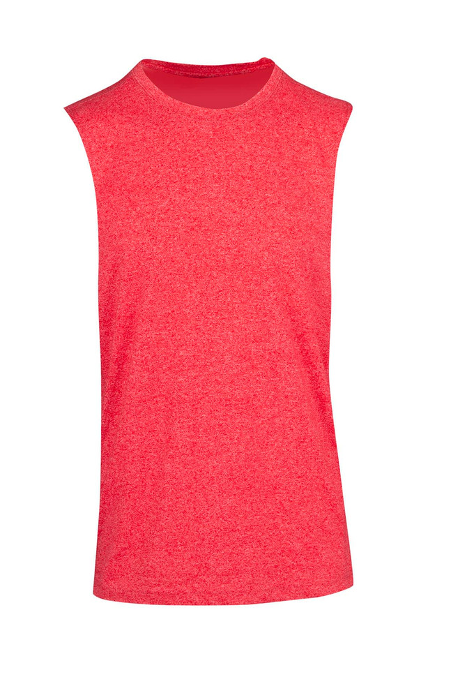 A sleeveless tee in heather red, featuring a relaxed fit and a smooth texture, with a small logo.