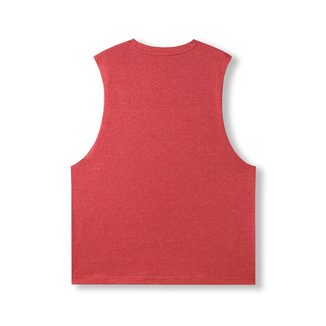 A sleeveless red heather tee shirt, featuring a back view with a simple design and branding.