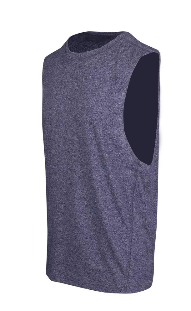 A sleeveless grey tee from the Greatness Range, featuring a simple design and a logo.