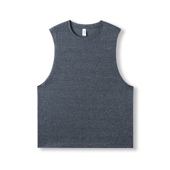 A sleeveless men's tee in heather blue, featuring a simple design and a logo on the fabric.