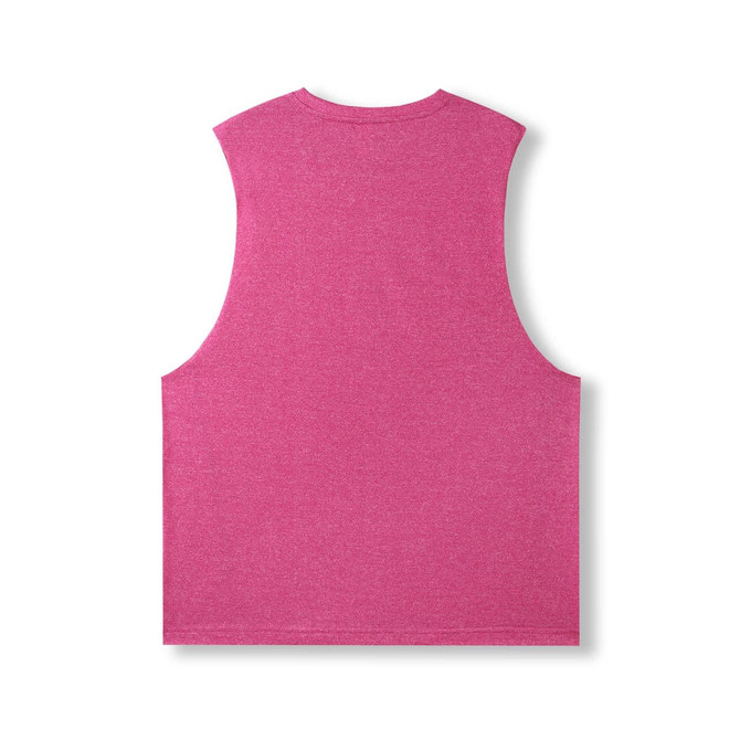 A sleeveless tee in vibrant pink, featuring a heathered texture and a simple design on the back.