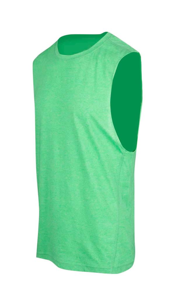 A sleeveless green tee from the Greatness Range with a simple design and a logo on it.