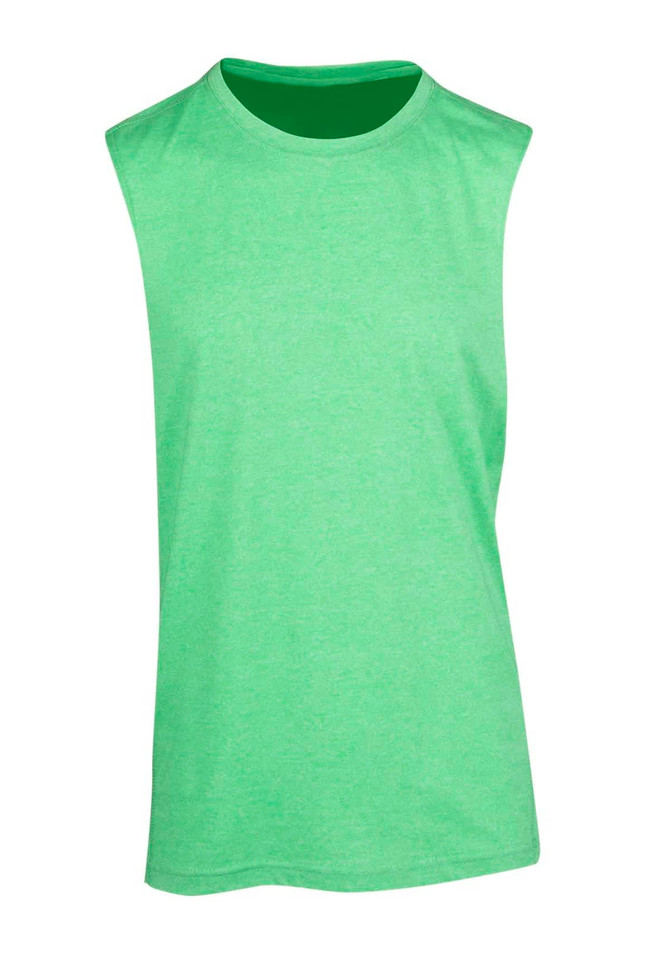 A sleeveless tee in bright green, featuring a simple design and a logo on the fabric.