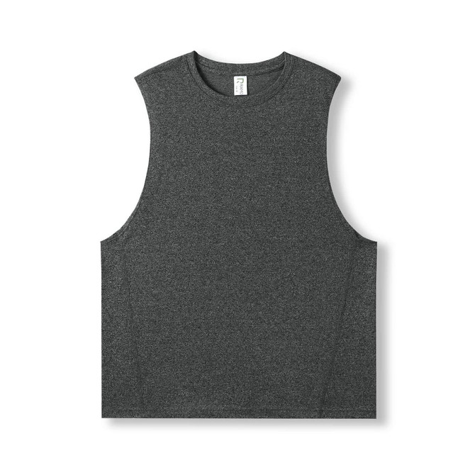 A sleeveless tee in a heathered grey colour featuring a simple design and a logo.