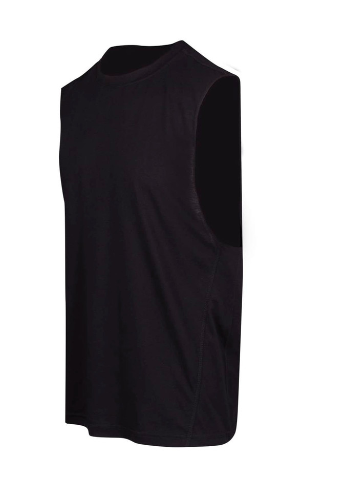 A black sleeveless tee from the Greatness Range, designed for men, featuring a logo on the side.