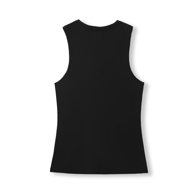 A black women's combed cotton tank top with a sleeveless design and a plain back. It features a logo.