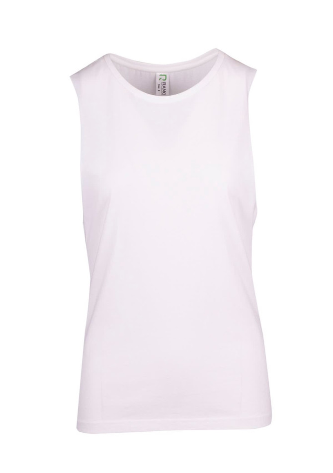 A white women's combed cotton tank top with a round neckline and no sleeves, featuring a logo.