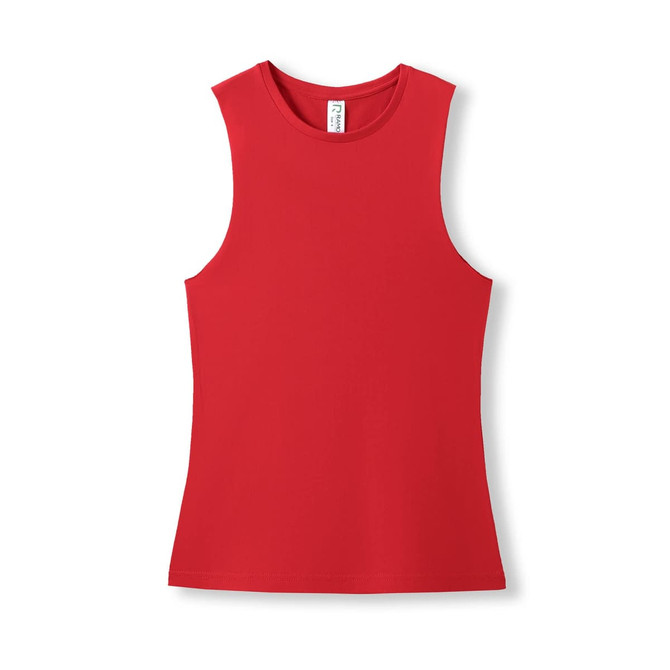 A red women's combed cotton tank top with a scoop neckline and no sleeves. It features a brand logo.