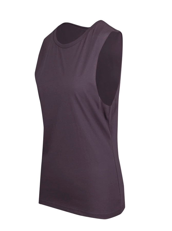 A women's sleeveless tank in dark grey with a fitted design and a subtle logo.