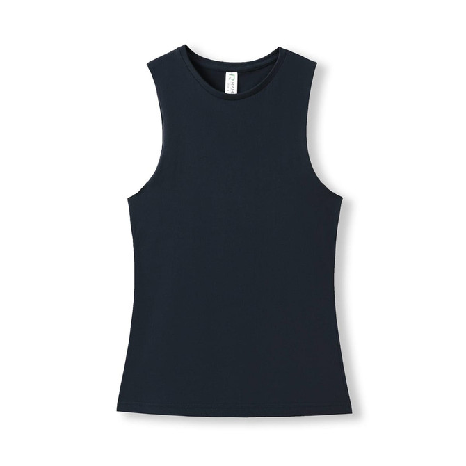 A women's tank top in navy with a sleeveless design. It features a logo on the label.