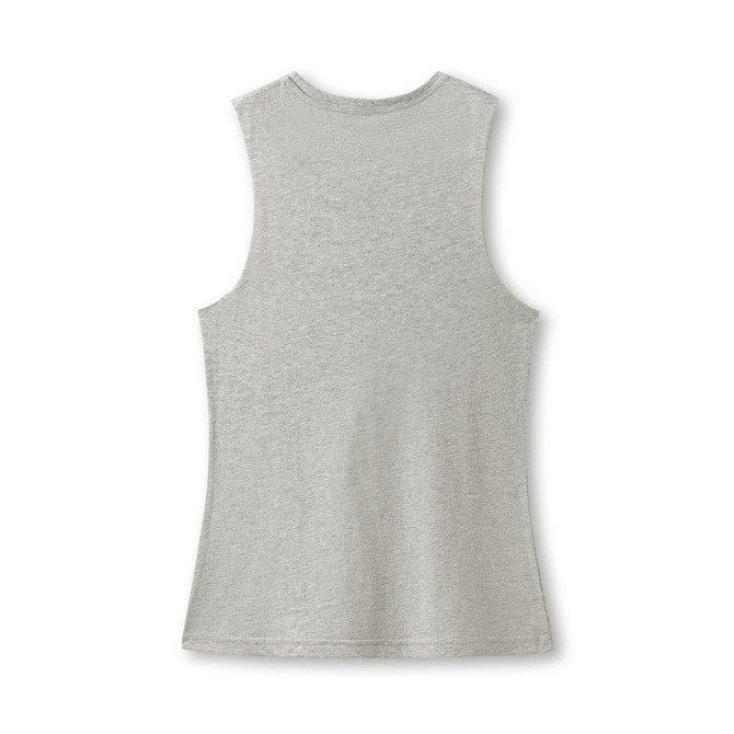 A grey women's combed cotton tank top with a sleeveless design and a plain back, featuring a logo.