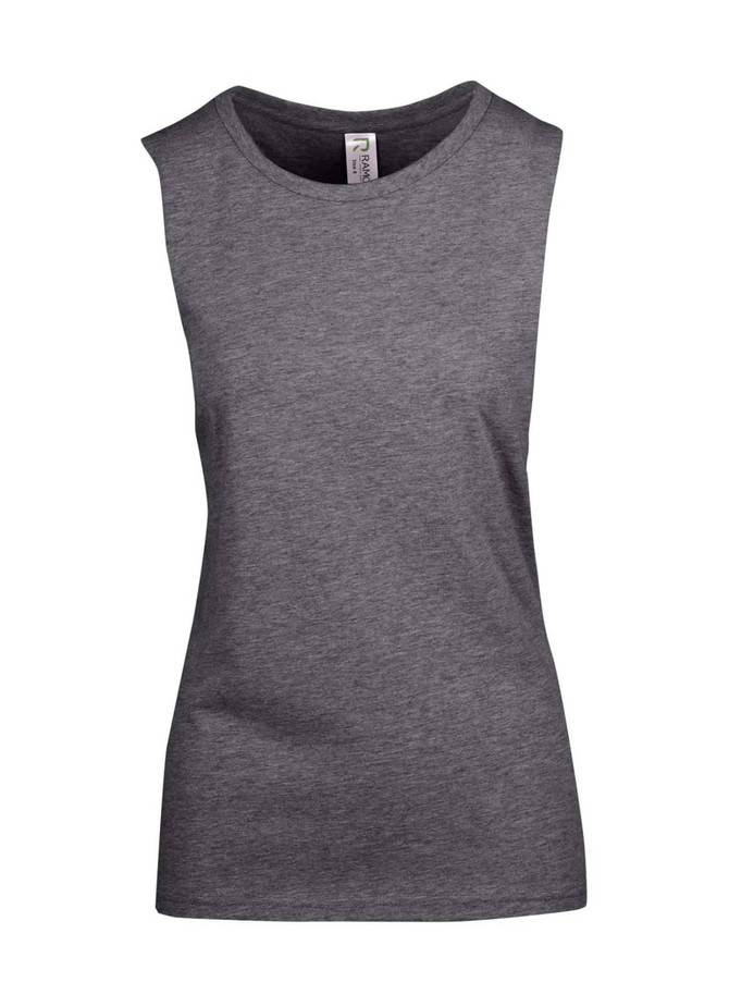 A grey women's tank top made from combed cotton with a fitted design and a label inside.
