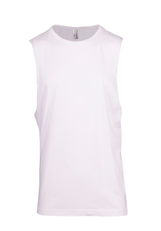 A white unisex combed cotton tank top with a logo on the inside label. Suitable for casual wear.