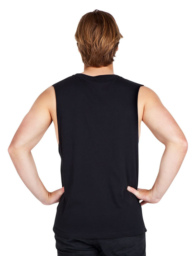 A black combed cotton tank top featuring a simple design and a logo on the back.