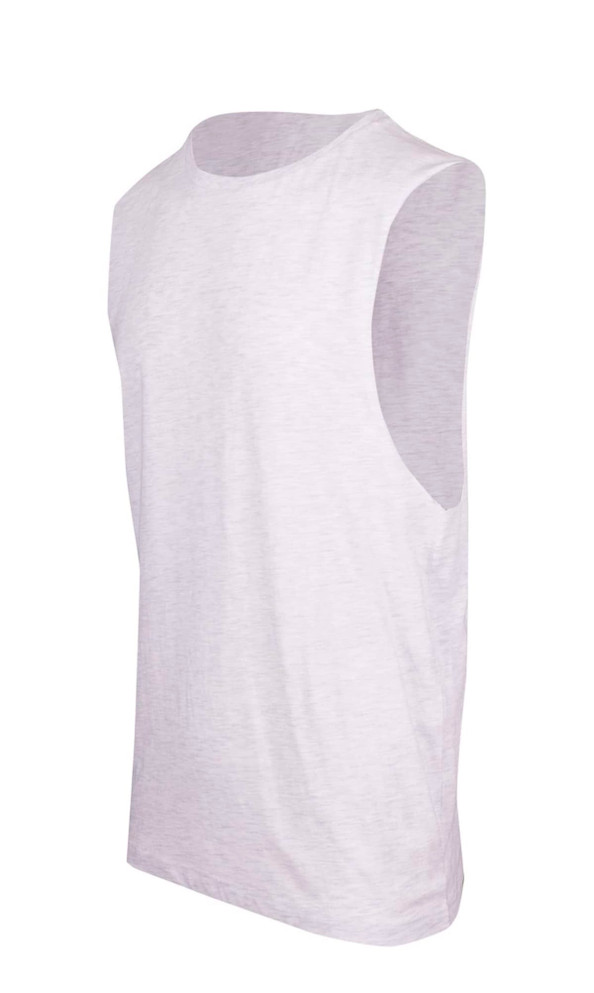 A white unisex combed cotton tank top with a classic sleeveless design and a logo.