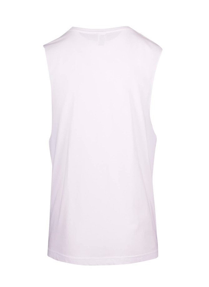 A white men's/unisex combed cotton tank top featuring a plain back and a small logo.