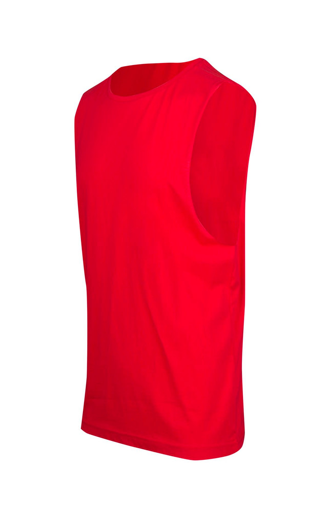 A red men's/unisex combed cotton tank top with a round neckline and sleeveless design. It includes a logo.