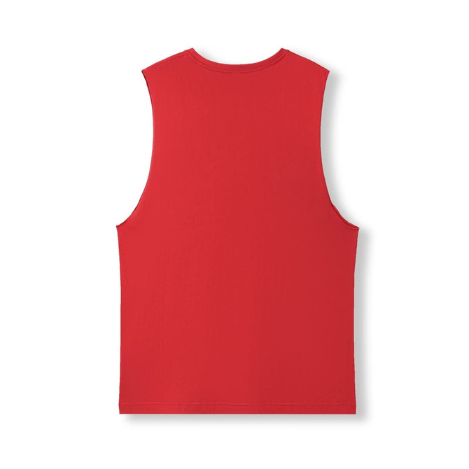 A red, sleeveless tank top made of combed cotton, with a simple design and a brand logo on the back.