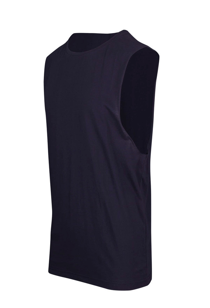 A black men's/unisex combed cotton tank top with a sleeveless design and a logo on the side.