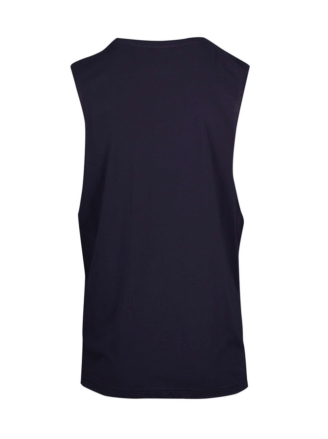 A unisex navy tank top made of combed cotton, featuring a simple design and no sleeves.