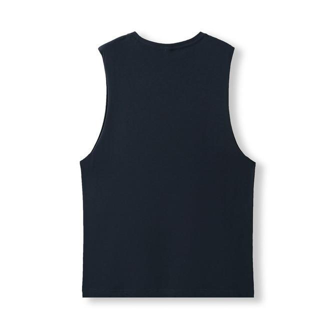 A unisex navy tank top made of combed cotton, featuring a simple design and no sleeves.
