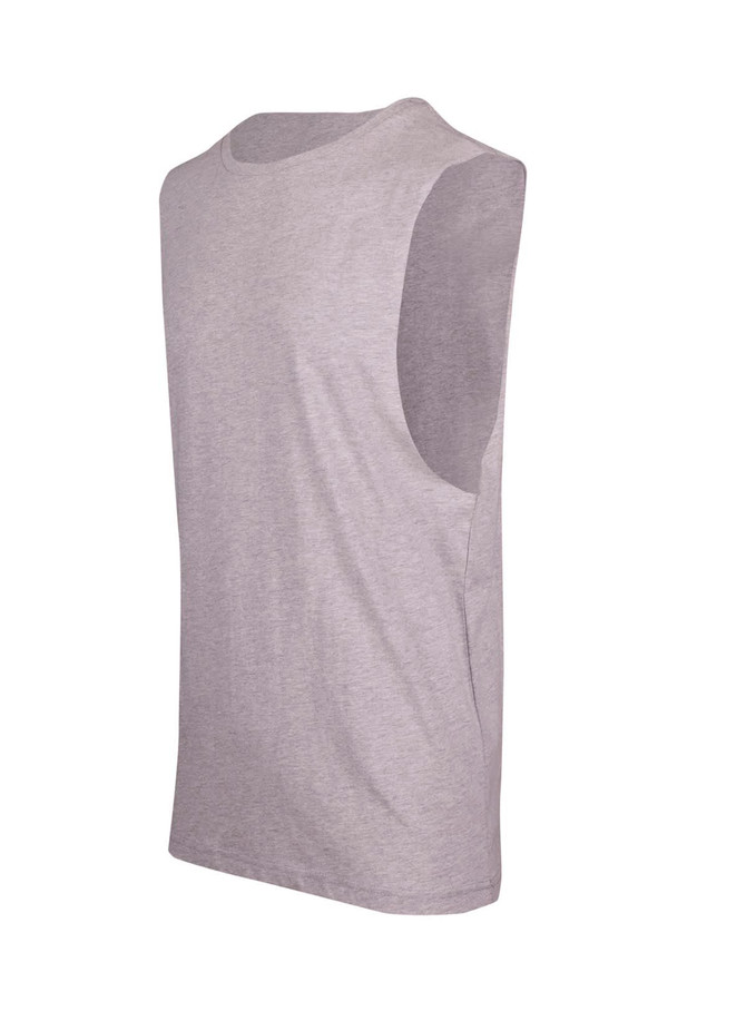 A grey unisex combed cotton tank top with a simple, sleeveless design and a logo.