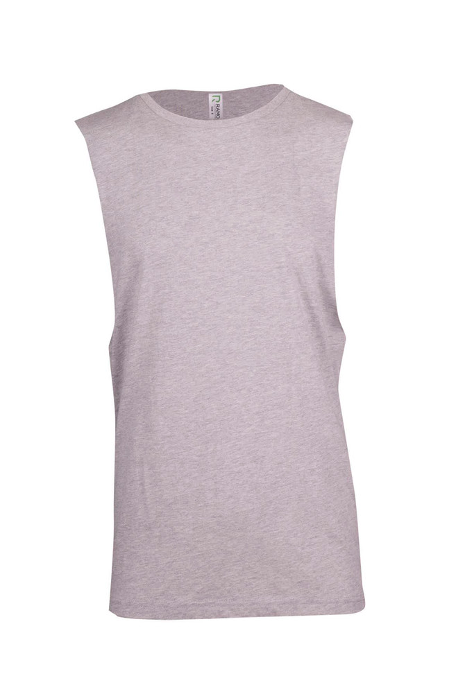 A grey unisex combed cotton tank top with a sleeveless design, featuring a logo.