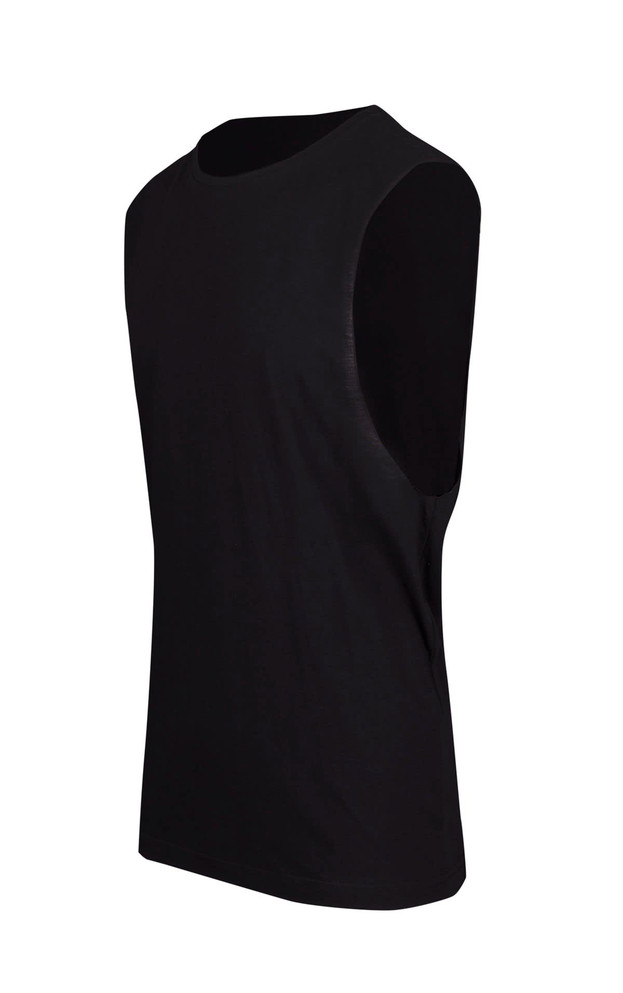 A black unisex combed cotton tank top with a simple design and no sleeves, featuring a logo.